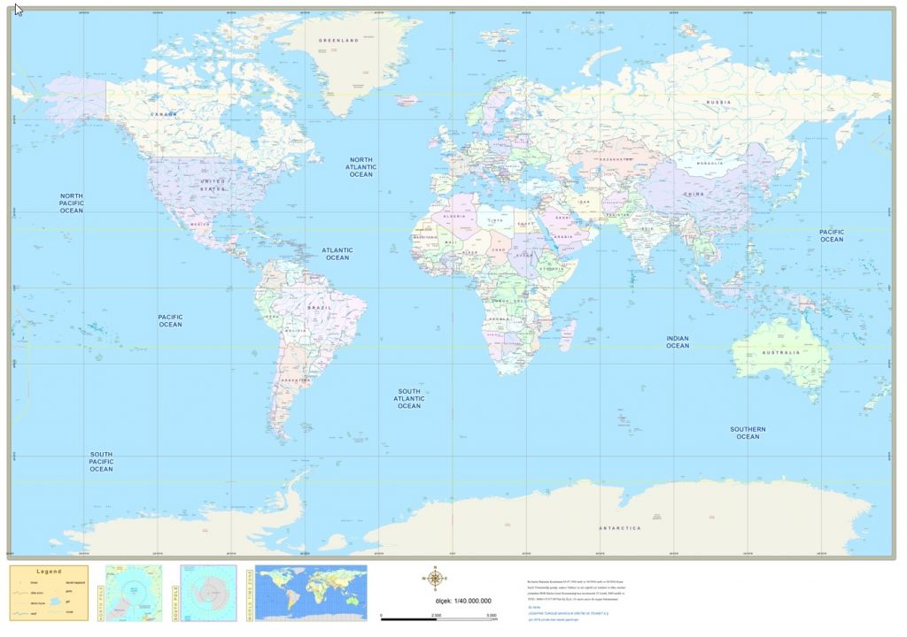 Dünya siyasi haritası ve 4 küçük harita görünümü